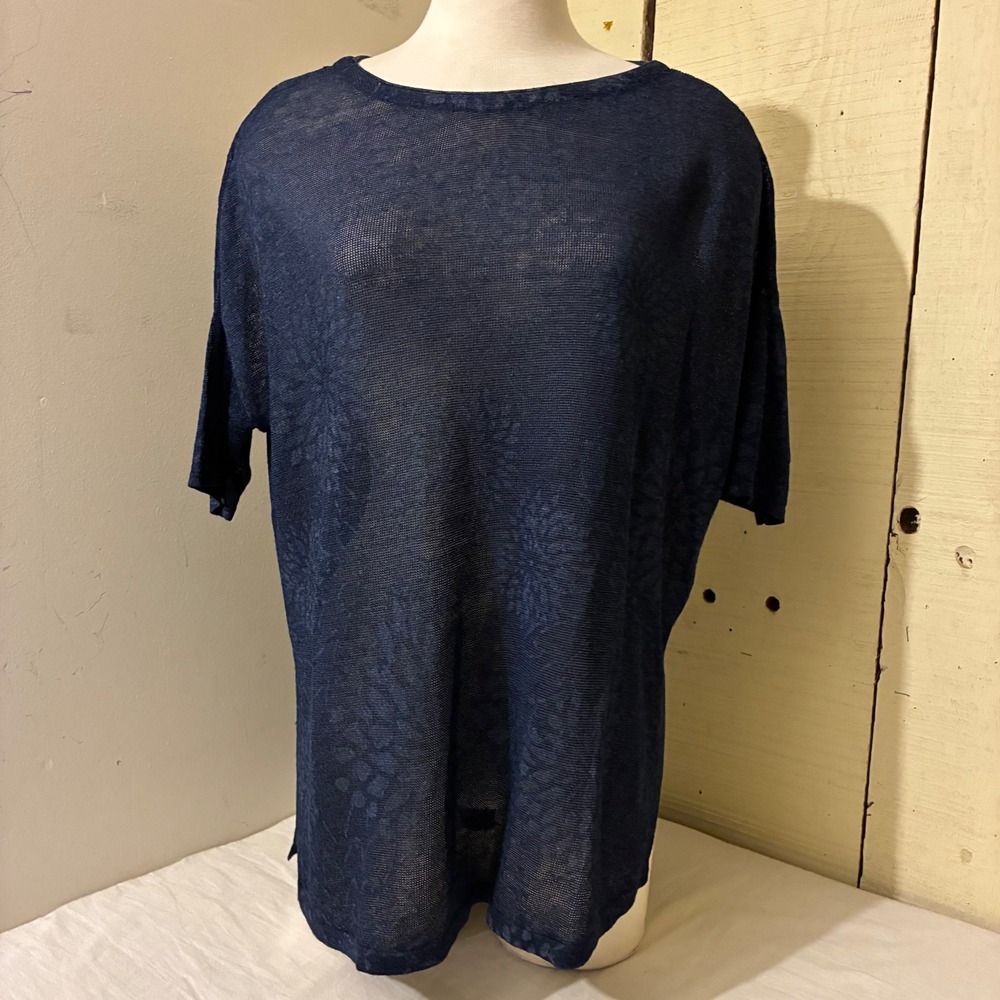 Pure Jill J. Jill Womens Small Navy Linen Blend Floral Jacquard Knit Top Sheer